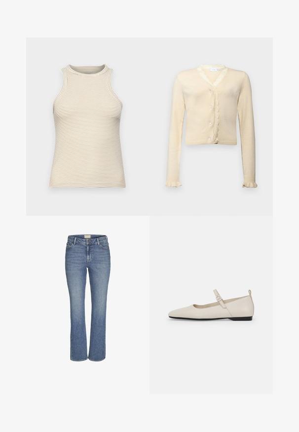 Gilet crème à manches longues, fermeture par boutons, encolure festonnée et poignets de manches à volants. Fabriqué en matière douce et légère.; Top sans manches avec un col montant, fabriqué en tissu texturé avec de fines rayures horizontales beiges et blanches. Design ajusté, sans matériel visible.; Jeans en denim bleu moyen, coupe droite, avec fermeture à boutons et à glissière à l'avant, passants de ceinture, et poches avant et arrière.; Ballerines en cuir blanc avec bout pointu, bride à la cheville et petit talon noir. Texture lisse avec des accents minimaux.
