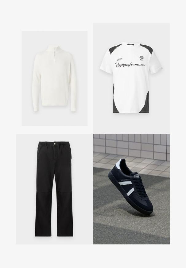 Suéter blanco de canalé con un cuello alto y cierre de media cremallera. La tela tiene una textura suave y mangas largas.; Camiseta blanca de manga corta con acentos negros. Lleva el logo "REPLAY FC" y el texto "Highperformance" en una fuente deportiva. Fabricada con un material suave.; Pantalones negros de algodón con una cintura elástica, que cuentan con un diseño de pierna recta, textura suave y sin acentos ni patrones visibles.; Zapatilla de cuero negra con rayas blancas, suela de goma texturizada y parte frontal con cordones. Cuenta con una etiqueta de marca en la lengüeta.