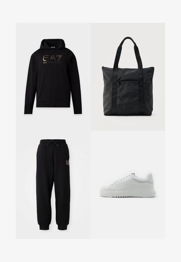 Sort langærmet hættetrøje med guld EA7 Emporio Armani-logo på brystet, en frontlomme og snøre i hætten.; Sorte sweatpants med snor i taljen, elastiske manchetter og et lille guld logo på venstre side. Blødt stof med en glat tekstur.; Hvide sneakers med en struktureraad læderoverdel, rund tå og snørebåndsdesign. Tykk hvid gummisål med struktureret grebsmønster.; Sort nylon-tote taske med to lange skulderstropper og en lynlåslomme foran, ensfarvet baggrund.