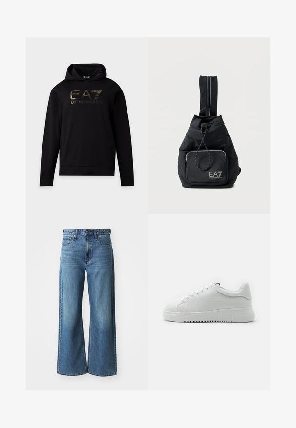Zwarte hoodie met lange mouwen en gouden EA7 Emporio Armani-logo op de borst, een frontale buidelzak en een capuchon met trekkoord.; Wijdvallende blauwe spijkerbroek van denim met een middelhoge tailleband, vijf zakken en subtiele vervaging. Kenmerken zijn onder andere riemlussen en gestikte details.; Witte sneakers met een bovenwerk van gemarmerd leer, ronde neus en vetersluiting. Dikke witte rubberen zool met een gemarmerd grippatroon.; Zwarte Emporio Armani EA7 draagrugzak met voorvak met ritssluiting en verstelbare enkele schouderband op een witte achtergrond.