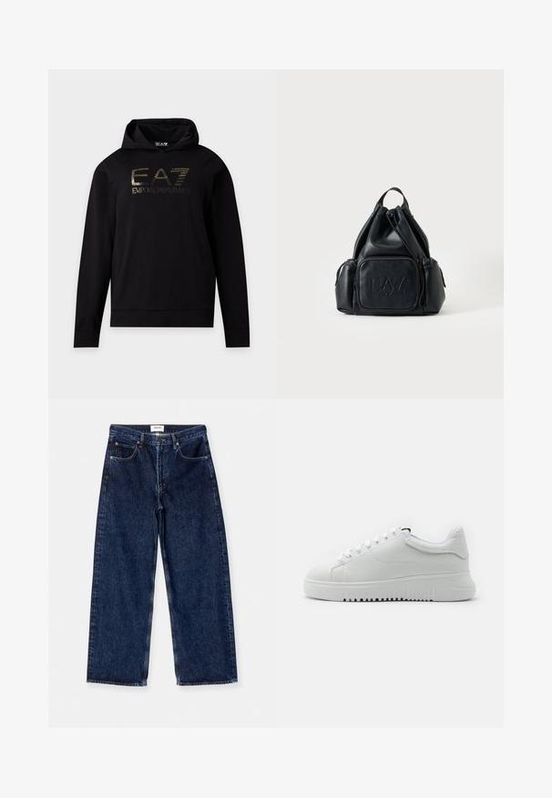 Čierna mikina s dlhým rukávom s kapucňou so zlatým logom EA7 Emporio Armani na hrudi, predným vačkom a sťahovacou kapucňou.; Tmavomodré širokopásové rifle vyrobené z denimu, s vysokým pásom, prednými vreckami a hladkým povrchom s jemnými prešívanými akcentmi.; Biele tenisky s texturovaným koženým zvrškom, okrúlymi špičkami a viazaním. Hrubá biela gumová podrážka s textúrovaným gripovým vzorom.; Čierny kožený batoh so sťahovacou šnúrkou, s prednými a bočnými vreckami so zipsom, s vyrazeným logom "EA7 Emporio Armani" na prednom vrecku.