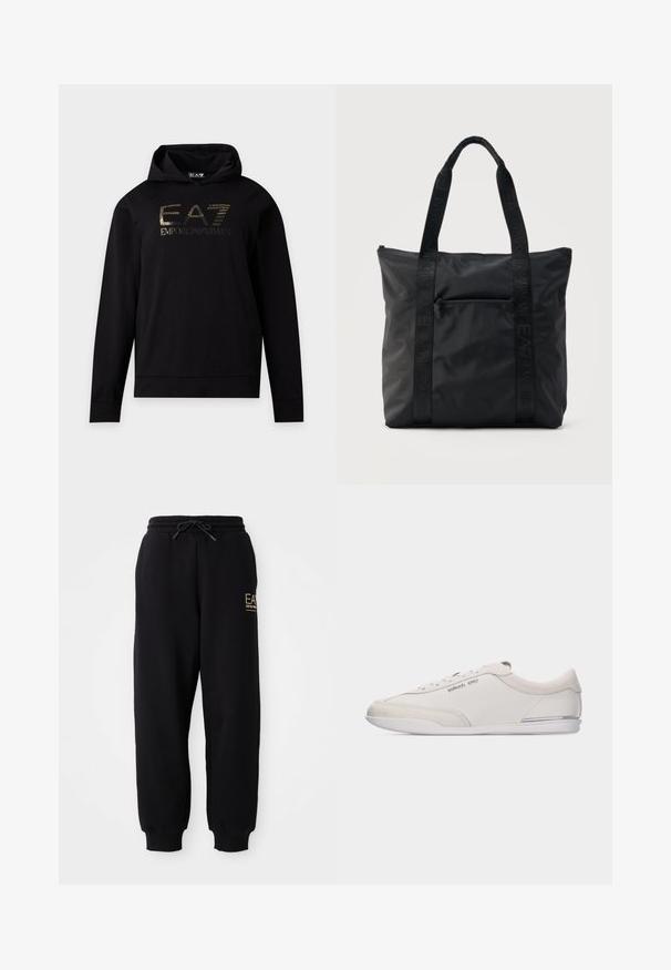 Sort langærmet hættetrøje med guld EA7 Emporio Armani-logo på brystet, en frontlomme og snøre i hætten.; Sorte sweatpants med snor i taljen, elastiske manchetter og et lille guld logo på venstre side. Blødt stof med en glat tekstur.; Lavprofil hvid og beige snøresneakers med glat læder og ruskindsdetaljer, med en lille Michael Kors-logo på siden.; Sort nylon-tote taske med to lange skulderstropper og en lynlåslomme foran, ensfarvet baggrund.