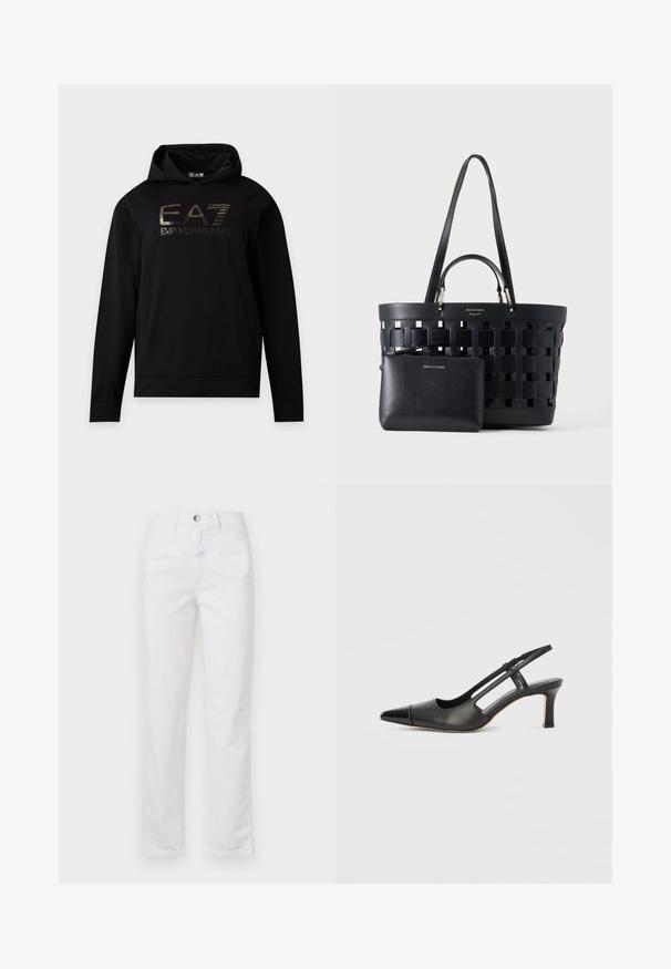 Schwarzer Hoodie mit langen Ärmeln, goldenem EA7 Emporio Armani-Logo auf der Brust, Kängurutasche vorne und Kapuze mit Kordelzug.; Weiße Denim-Jeans mit geradem Bein, fünf Taschen und einem vorderen Knopfverschluss. Glatte Textur mit dezenten Nahtdetails.; Schwarzer Slingback-Schuh aus Leder mit spitz zulaufender Zehenpartie, versehen mit glänzendem Akzent auf der Vorderkappe und mittelhohem Absatz. Offenes Seitendesign.; Schwarze gewebte Tragetasche mit doppelten Griffen und einer kleinen passenden Reißverschlusstasche vorne, beide aus Leder gefertigt.