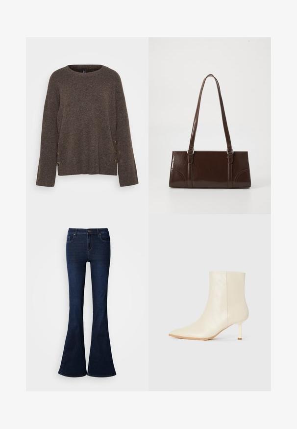 Brauner Strickpullover mit rundem Hals, geripptem Saum und dekorativen Knöpfen an der Seite. Weicher Stoff und lockere Passform.; Dunkelblaue, ausgestellt geschnittene Jeans mit hoher Taille, ausgestattet mit fünf Taschen und einem Reißverschluss vorne. Glatte Textur und klassisches Design.; Cremefarbene Knöchelstiefel mit spitzer Zehe und schlankem Mittelabsatz, glatte Textur, von der Außenseite auf weißem Hintergrund gezeigt.; Braune Lackleder-Handtasche in rechteckiger Form, mit zwei langen Griffen und subtilen, geschwungenen Akzenten auf der Vorderseite.