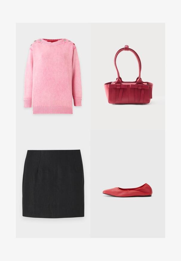 Rosa langærmet strikket sweater med ribkanter ved ærmer og kant, med knapper langs skuldersømmene.; Sort nederdel med en skræddersyet pasform, der har plisseringer og et glat, struktureret stof. Liveskæringen er lige og har en længde over knæet.; Filippa K REY FLATS - Ballerinasko - bright red; Rød læderhåndtaske med to top-håndtag, dekorative sløjfer foran og en tag på siden mod en hvid baggrund.