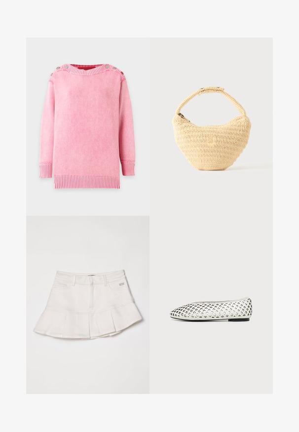 Roze gebreide trui met lange mouwen en geribbelde manchetten en zoom, met knopen langs de schoudernaden.; Witte denimrok met een aansluitende taille en een uitlopende plooienzoom. Inclusief zijzakken en een klein logo op de tailleband.; Witte platte schoen met een rasterpatroon van diamantvormige uitsnijdingen en een zwarte zool op een effen achtergrond.; Beige geweven handtas met afgerond lichaam, ritssluiting en een korte, dikke band in een eenvoudige, gestructureerde haakstijl.