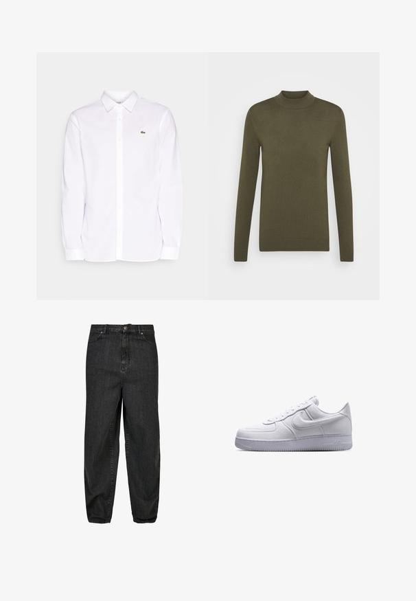 Pull à col roulé en olive, à manches longues, fabriqué à partir d'un tissu tricoté doux. Il présente un col et des poignets côtelés, avec une coupe ajustée.; Chemise blanche à manches longues en coton, avec un col à boutons, un logo brodé vert sur la poche gauche et des poignets droits.; Jeans en denim noir à coupe décontractée, avec une fermeture à bouton sur le devant, cinq poches et des détails de décoloration subtils sur le tissu.; Baskets basses blanches Nike Air Force 1 avec fermeture à lacets et semelle texturée, vues de profil sur fond blanc.