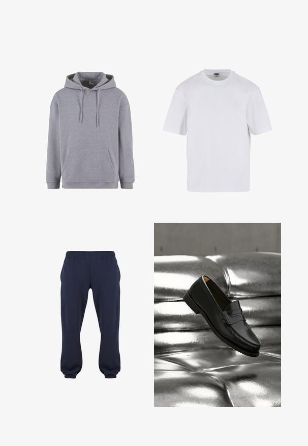 Haut à capuche gris avec une poche kangourou, capuche avec cordon de serrage, manches longues et bords côtes au niveau des poignets et de l'ourlet. Fabriqué dans un tissu doux et texturé.; T-shirt blanc à manches courtes en coton. Il présente un col rond et une coupe décontractée. Texture lisse, design minimaliste, sans motifs ni accents.; Pantalons de survêtement bleu marine avec une taille élastique et des manches resserrées, fabriqués en tissu doux, sans motifs ni accessoires visibles.; Mocassin en cuir noir flottant au-dessus d'un canapé en cuir argenté brillant matelassé à boutons dans un décor minimaliste.
