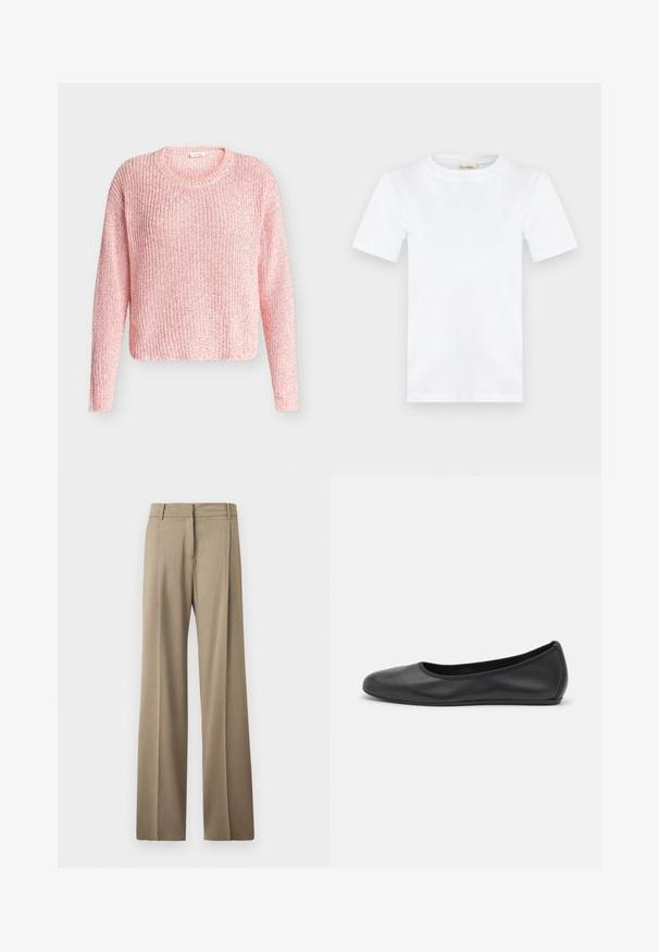 Suéter de punto rosa claro con mangas largas y escote redondo, mostrado sobre un fondo gris neutro.; Camiseta blanca lisa de manga corta con cuello redondo y una pequeña etiqueta beige dentro del cuello que dice "CLOSED."; Pantalones de pierna ancha en un tejido marrón claro. Presentan una textura suave, pliegues bien planchados y un diseño de cinturilla plana en la parte delantera.; Bailarina de piel negra con punta redondeada, textura suave, detalle de costura minimalista y diseño de suela flexible.