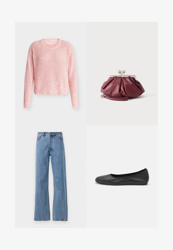 Lichtroze gebreide trui met lange mouwen en een ronde halslijn, getoond op een neutrale grijze achtergrond.; Lichtblauwe hoge taille straight-leg jeans met een voorknoop, rits en vijf-pocket ontwerp op een effen witte achtergrond.; Zwarte leren ballerina met een ronde neus, gladde textuur, minimale stikdetails en een flexibele zoolontwerp.; Kleine bordeauxrode leren clutch met zilveren metalen gesp en polsriem op een witte achtergrond.