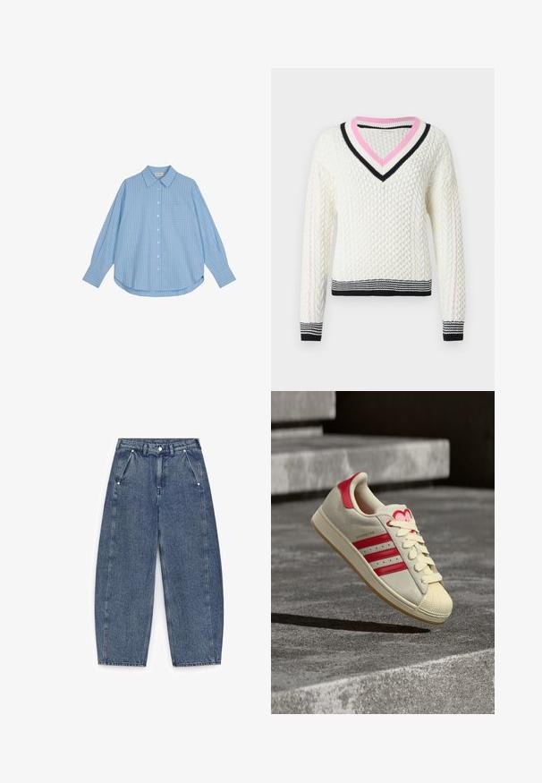 Kremfarvet kabelstrikket sweater med V-udskæring, med pink og sort stribet ribkant samt kontrasterende sorte og hvide vandrette striber ved kanten.; Lyseblå skjorte med lange ærmer, hvide lodrette striber, løs pasform og en brystlomme. Stoffet ser glat og blødt ud.; Højtaljede, vide blå denimjeans med skrå lommer foran, bæltestropper og knaplukning i taljen.; Beige sneaker med tre røde striber, gummisnude, snørelukning og en rød hælaccents. "Superstar" mærkning på siden.