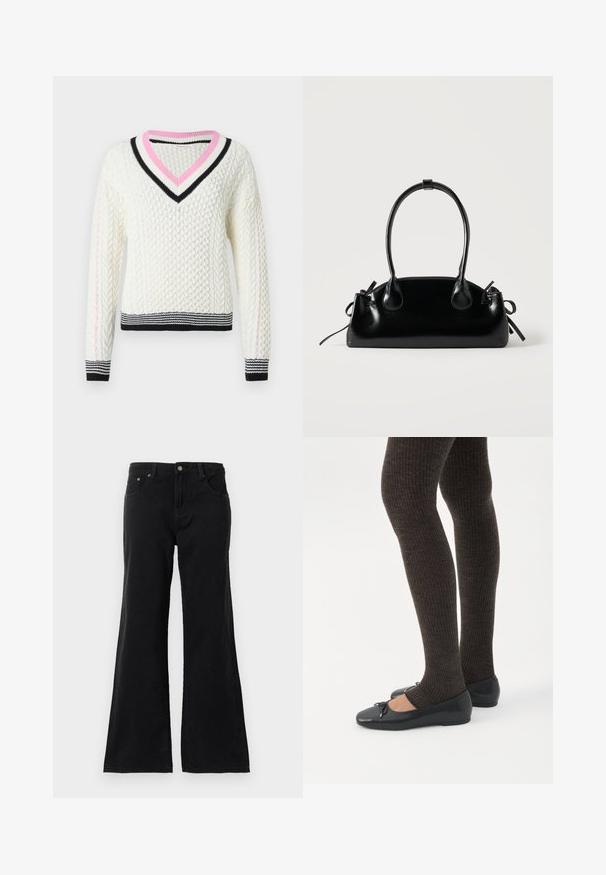 Kremfarvet kabelstrikket sweater med V-udskæring, med pink og sort stribet ribkant samt kontrasterende sorte og hvide vandrette striber ved kanten.; Sorte højtaljede denimjeans med fem lommer og bredde ben, vist på en hvid baggrund.; Ben iført mørke ribbede leggings kombineret med sorte balletsko med små sløjfedetaljer på hvid baggrund.; Lille sort blank håndtaske med to lange håndtag og snøre-detaljer i siden på en ensfarvet lys baggrund.