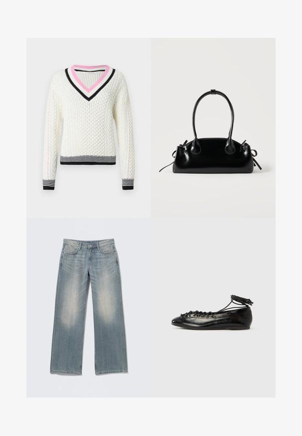 Pull en maille torsadée crème avec col en V, bordure côtelée rayée rose et noire, et rayures horizontales contrastantes noires et blanches à l'ourlet.; Jean bleu clair à jambes larges avec une finition délavée, en denim. Comprend des passants pour ceinture, des poches avant et une braguette zippée avec fermeture par bouton.; Ballerines en cuir verni noir avec un bout rond, un design à lacets et une semelle plate. Texture lisse avec peu de détails.; Petit sac à main noir brillant avec deux longues anses et des détails à cordon sur les côtés sur un fond clair uni.