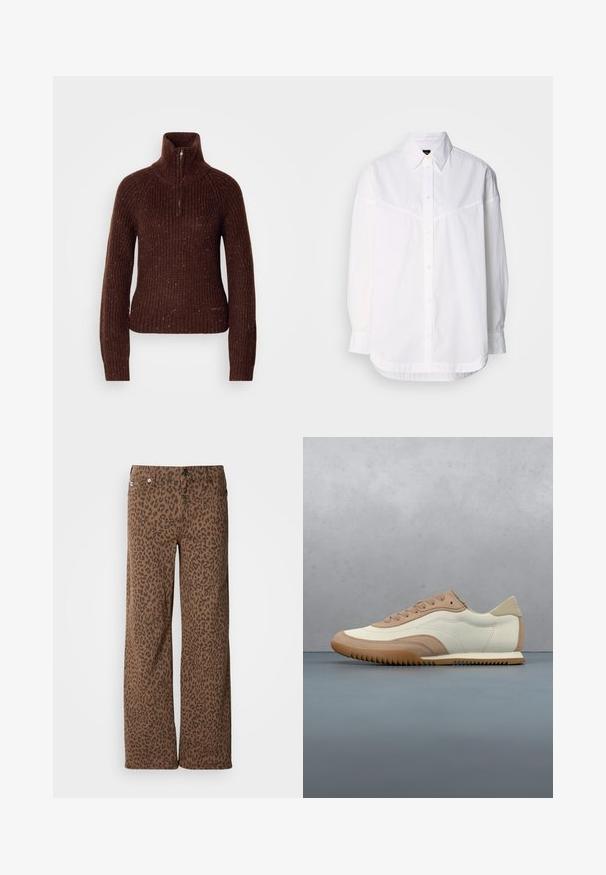 Suéter marrón de punto con un cuello alto y media cremallera. Patrón texturado con motas de rojo y blanco en todo su diseño. Silueta ajustada.; Camisa de manga larga blanca de algodón, con cuello abotonado, botones frontales y un corte holgado con detalles de costura sutiles.; Pantalones de pierna ancha marrones con un estampado de leopardo negro, hechos de una tela suave con una textura lisa y cierre de botón clásico.; Zapatilla en crema y beige con parte superior texturizada, cordones y suela de goma, exhibida sobre una superficie de madera con piedras.