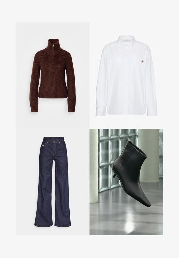 Brauner Strickpullover mit hohem Kragen und halbem Reißverschluss. Strukturiertes Muster mit roten und weißen Sprenkeln. Figurbetonte Silhouette.; Weißes langärmeliges Hemd mit Knopfleiste, spitzem Kragen und kleinem Calvin Klein-Logo auf der linken Brusttasche.; Dunkelblaue weite Jeans aus Denimstoff mit hoher Taille, ausgestattet mit orangefarbenen Nähten, fünf Taschen und einem Knopfverschluss.; Schwarzer Leder-Stiefelette mit spitzer Zehenpartie und niedrigem Kitten-Heel, schräg dargestellt vor einem polierten Boden und einer Glasbausteinwand.