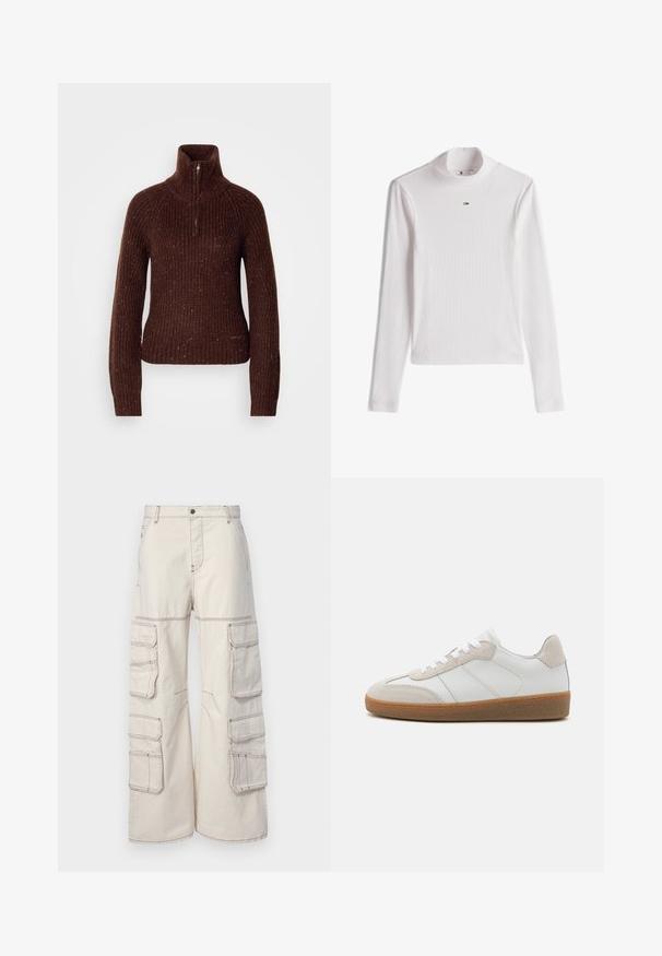 Bruine gebreide trui met een hoge kraag en een halve rits. Geweven patroon met vlekken in rood en wit. Aansluitende pasvorm.; Wit geribd top met lange mouwen en coltrui, voorzien van een klein Tommy Hilfiger-logo, gecentreerd onder de kraag.; Beige cargobroek van duurzaam materiaal, met meerdere zijzakken en contrasterende stiksels, een wijde pasvorm en een knoopsluiting.; Witte leren sneakers met beige suède accenten, een gestructureerde tong en een rubberen zool. Voorzien van witte veters en subtiele gestikte details.