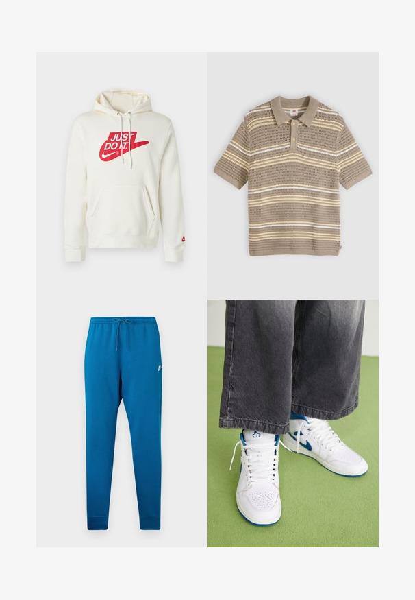 Kreemjas kapuutsiga dressipluus puuvillasegust, millel on punane "JUST DO IT." logo ja kengurumudel tasku. Sisaldab paelu ja soonikkoes mansette.; Beež lühikeste varrukatega kootud polo särk, millel on horisontaalsed valged ja kollased triibud, nööbitav lõhike ja tekstuuriga avatud kudumiga muster.; Sinised dressipüksid elastse vöökohtaga ja reguleeritava stringiga. Tootel on valge logo reiele ja kitsenevad mansetid pahkluude juures.; Valged kõrge varvaga spordijalatsid siniste aktsentidega, perforatsioonideks oleva varvaste piirkonnaga ja valgete nööpidega. Kantud vabade hallide denimipükstega rohelisel pinnal.