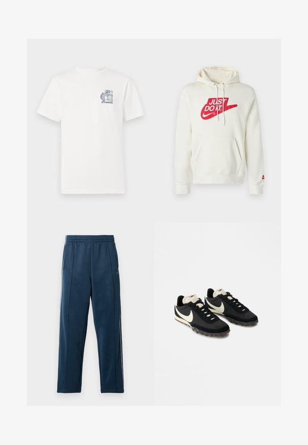 Cremefarvet hættetrøje lavet af bomuldsblanding med et rødt "JUST DO IT." logo og kængurulomme. Inkluderer snoretræk og ribkantede manchetter.; Hvid t-shirt med korte ærmer lavet af bomuld, med et blåt grafisk motiv på brystet af en vaskebjørn ved siden af en skraldespand og teksten "STANCE."; Marineblå joggebukser med elastisk taljebånd, sidelommer og en slank pasform. Blødt stof uden synlige mønstre eller accenter.; Sorte sportssko med en struktureret overdel, hvid swoosh-logo og gummisål med små stik til trækkraft. Elfenbensfarvet krave.