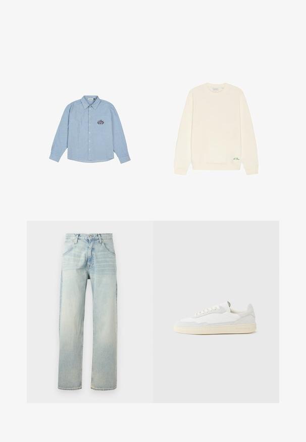 Sudadera de color crema, de manga larga y cuello redondo, con puños y bajo acanalados, con pequeño texto verde "Les Deux" cerca del bajo.; Camisa de rayas azul claro, de mangas largas, con cierre de botones en la parte delantera y cuello puntiagudo. Presenta un diseño bordado en el lado izquierdo.; Vaqueros denim de pierna recta de color azul claro con cierre de botón y cremallera, bolsillos delanteros y traseros, y detalles de lavado desgastado.; Zapatilla blanca con parte superior texturizada de ante y cuero. Presenta una puntera redondeada, cierre con cordones y suela de goma beige contrastante.