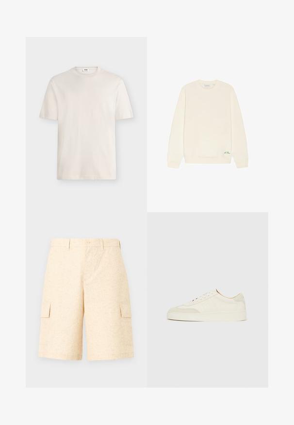 Sweat-shirt crème à manches longues avec col rond, poignets et ourlet côtelés, avec un petit texte vert "Les Deux" près du bas de l'ourlet.; T-shirt blanc uni à manches courtes avec col rond et petite étiquette en tissu au niveau du col sur un fond neutre.; Shorts cargo beige clair en tissu texturé, avec deux poches latérales, une fermeture à bouton et une coupe décontractée.; Baskets en daim blanc à finition lisse, embout rond, design lacé plat, avec des accents texturés contrastants. Comprend un détail de logo subtil.