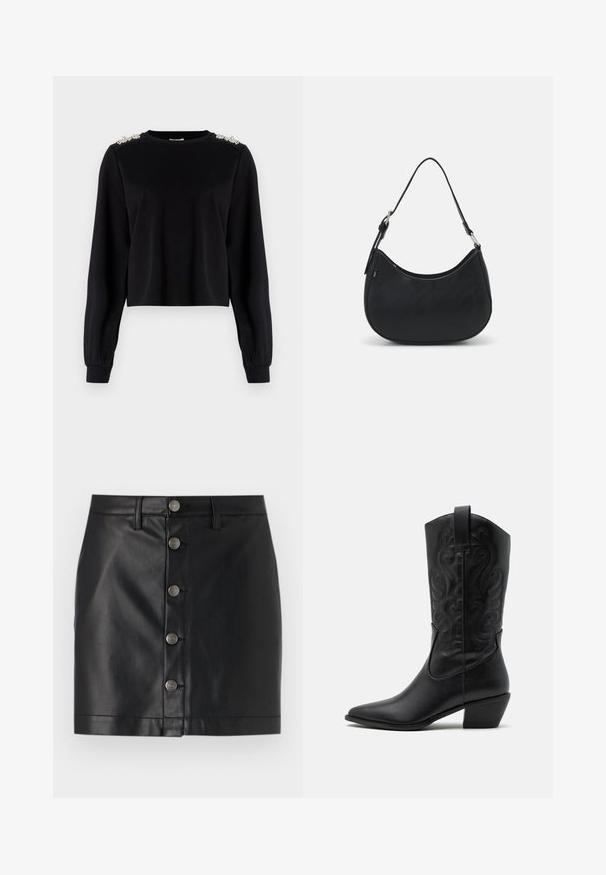 Sort cropped sweatshirt med lange ærmer. Har dekorative embellishmenter på skuldrene. Glat stof, ribbede cuffs og halsudskæring.; Sort læderskirt med tætsiddende design, der har fem sølvfarvede metalknapper ned foran og en lige kant. Glat tekstur.; Sorte læder cowboystøvler med spids tå, præget svungen mønster og en mid-højde hæl. Har en trækflap for nemt at tage på.; Sort hobo taske lavet af glat læder med en buet silhuet, der har en enkelt justerbar skulderrem og minimalistiske designdetaljer.