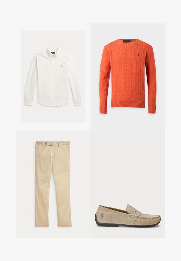 Jersey de punto de ochos naranja de manga larga con cuello redondo, puños y bajo acanalados, con un pequeño logo verde bordado en el pecho.; Camisa blanca de manga larga con botones y cuello, con el logo de Polo Ralph Lauren bordado en el pecho izquierdo.; Pantalones beige de corte recto con trabillas para cinturón y cremallera frontal, colocados planos sobre un fondo blanco.; Mocasines de ante beige con detalle cosido, suela de goma plana y un pequeño logotipo en el lateral. Diseño clásico de slip-on, textura suave.