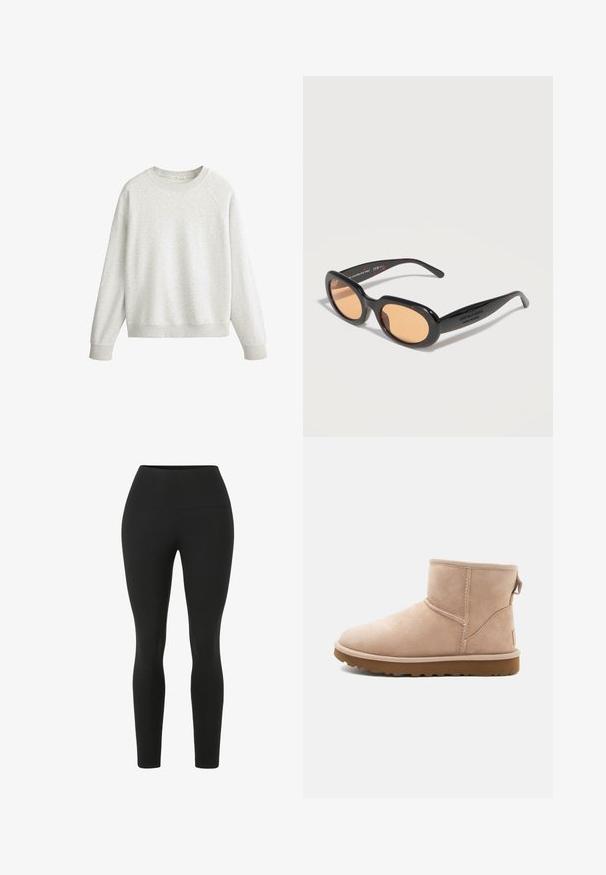 Hellgraues Sweatshirt mit Rundhalsausschnitt, langen Ärmeln, gerippten Bündchen und Saum, aus weichem Baumwollstoff gefertigt.; Schwarze Leggings mit einem hohen Bund. Hergestellt aus dehnbarem Stoff, mit einer glatten Textur und einer anliegenden Silhouette ohne sichtbare Nähte.; Beige Wildleder-Ankle Boot mit runder Zehenform, gesteppten Akzenten und einer strukturierten braunen Gummisohle. Mit einem Zugband an der Rückseite.; Schwarze ovale Sonnenbrille mit bernsteinfarben getönten Gläsern, dicken Rahmen und dezentem braunen Schildpattmuster an den Bügeln, schräg auf weißem Hintergrund.