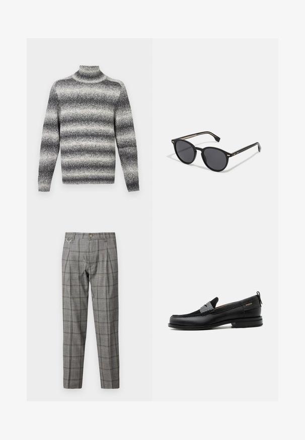 Pullover col roulé rayé gris et blanc avec col côtelé, offrant une texture douce et des manches longues classiques.; Pantalons gris à carreaux avec une coupe ajustée, dotés d'une fermeture à bouton, de plis, de poches latérales et d'une boucle métallique décorative.; Mocassin en cuir noir avec détail de bride grise, talon bas et semelle texturée, marqué "HUGO" en or sur le côté.; BOSS Lunettes de soleil - black