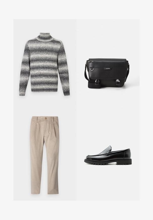 Pullover col roulé rayé gris et blanc avec col côtelé, offrant une texture douce et des manches longues classiques.; Pantalons en velours côtelé beige avec une taille élastique, fermeture à bouton et détails de plis, présentant un design à jambe droite et un tissu texturé.; Mocassin en cuir noir avec semelle en caoutchouc épaisse, dessus cousu et nom de marque embossé sur le talon, présenté de profil sur fond blanc.; Sac messager Lacoste noir texturé avec bandoulière ajustable, rabat avant, poche zippée et fermetures à boucle en métal.