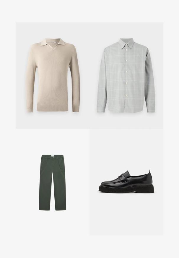 Beige poloshirt met lange mouwen, een V-hals en geribbelde textuur. Zacht materiaal met een klassieke kraag en een aansluitend ontwerp.; Grijze lange mouwen shirt met een licht geruit patroon, knopen aan de voorkant, puntige kraag en een gladde stofstructuur.; Donkergroene katoenen broek met een rechte pijpdesign, voorzakken en een knoopsluiting bij de taille. Glad oppervlak, geen patronen.; Zwarte leren instapschoenen in loafer-stijl, met een vlakke, gestructureerde zool, voorzien van een gestikte neus en een band over de wreef.