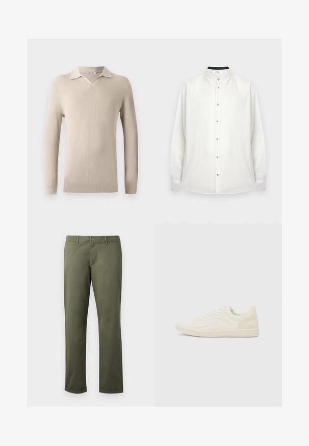 Polo beige à manches longues avec un col en V et texture côtelée. Tissu doux avec un col classique et une coupe ajustée.; Chemise blanche à manches longues avec col classique et boutons beige, présentée sur un fond uni.; Pantalons en coton vert olive avec une coupe droite, ourlets retroussés, poches avant et fermeture à bouton. Texture lisse avec des détails de couture subtils.; ALDO THEPITCH - Baskets basses - white