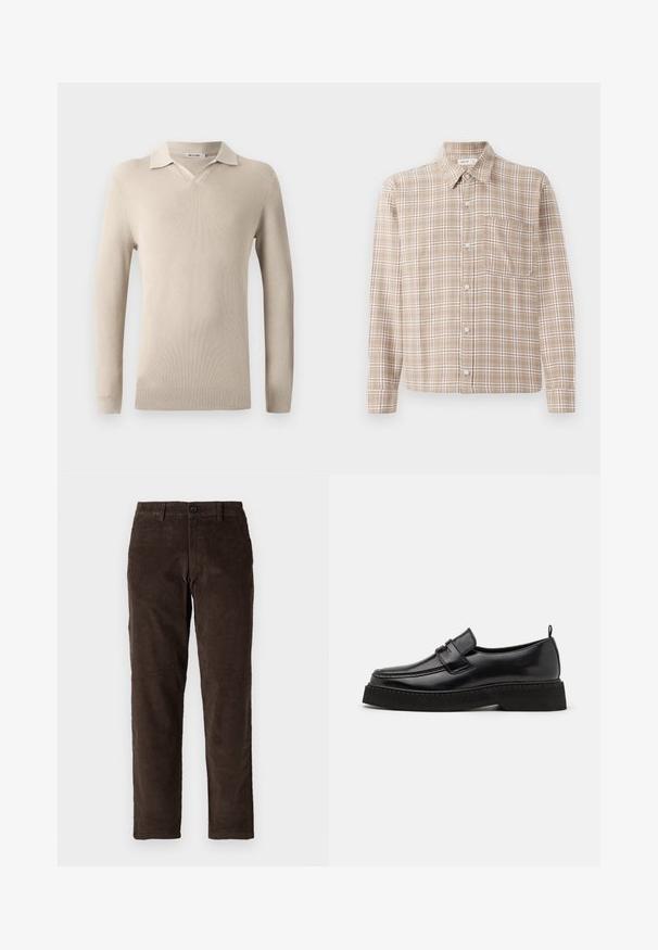 Beige poloshirt met lange mouwen, een V-hals en geribbelde textuur. Zacht materiaal met een klassieke kraag en een aansluitend ontwerp.; Bruin geruite overhemden met lange mouwen, kraag en een enkele borstzak; heeft witte en donkerbruine lijnen in een ruitpatroon.; Bruine corduroybroek met een recht model, voorzien van een knoopsluiting aan de voorkant en standaard riemlussen. Soepele textuur en een klassieke snit.; Zwarte leren instapschoenen in loafer-stijl, met een vlakke, gestructureerde zool, voorzien van een gestikte neus en een band over de wreef.