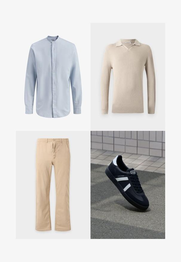 Polo beige à manches longues avec un col en V et texture côtelée. Tissu doux avec un col classique et une coupe ajustée.; Chemise pour homme à manches longues bleu clair avec col mandarin et boutons blancs sur le devant, présentant une texture subtile.; Pantalon beige à jambes droites avec fermeture bouton et fermeture éclair, poches avant et passants pour ceinture sur fond clair.; Sneaker en cuir noir avec des rayures blanches, semelle en caoutchouc texturée et devant à lacets. Présente une étiquette de marque sur la languette.