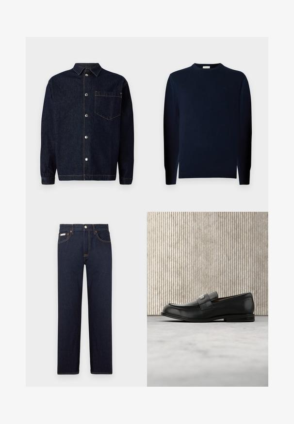 Jeune homme aux cheveux bouclés portant un pull à manches longues sombre et un pantalon foncé, debout devant un fond gris uni.; Veste en jean bleu foncé avec une fermeture à boutons à l'avant, un col pointu, une poche poitrine et des détails de couture orange contrastants.; Jean en denim bleu foncé avec une coupe droite, un design classique à cinq poches et des coutures orange contrastantes. Comprend une fermeture à bouton en métal.; Mocassin en cuir noir avec une plaque de marque en métal reposant près d'une table ronde marron sur un sol recouvert de moquette beige.