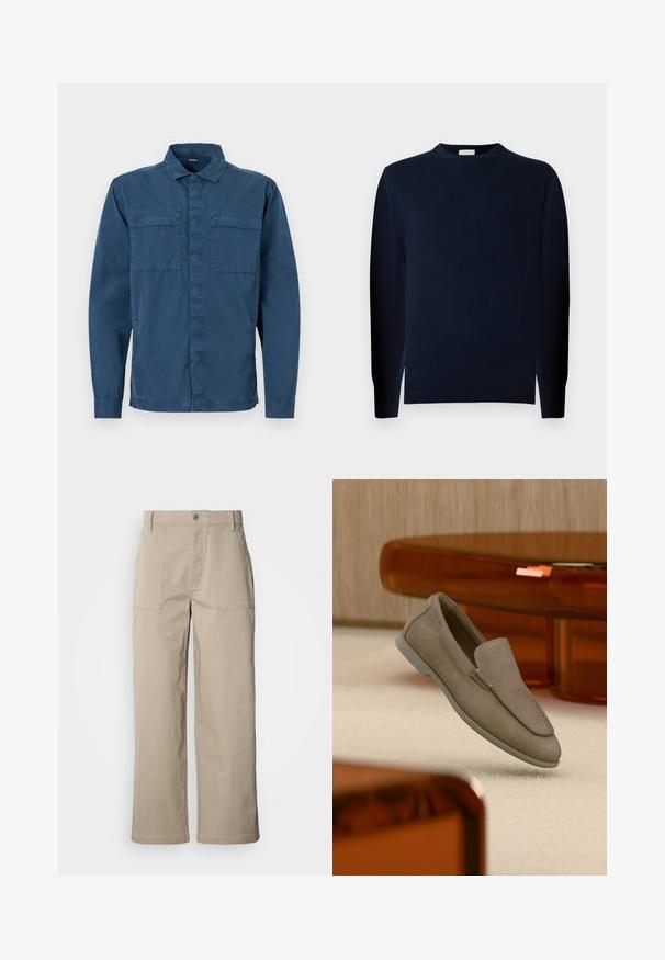 Jonge man met krullend haar, gekleed in een donker lange mouw trui en donkere broek, staat tegen een effen grijze achtergrond.; Marineblauwe overhemd met knopen, gemaakt van katoen, met lange mouwen, twee borstzakken en een standaard kraag. Gladde textuur met een casual ontwerp.; Beige wijde broek van katoen; voorzien van voorzakken met klep, een knoopsluiting en zichtbare stiknaden langs de zoom.; Beige suède instapschoen met zichtbare stiksels en lichte zool, geplaatst bovenop een crèmekleurig tapijt, met oranje doorschijnend meubilair op de achtergrond.
