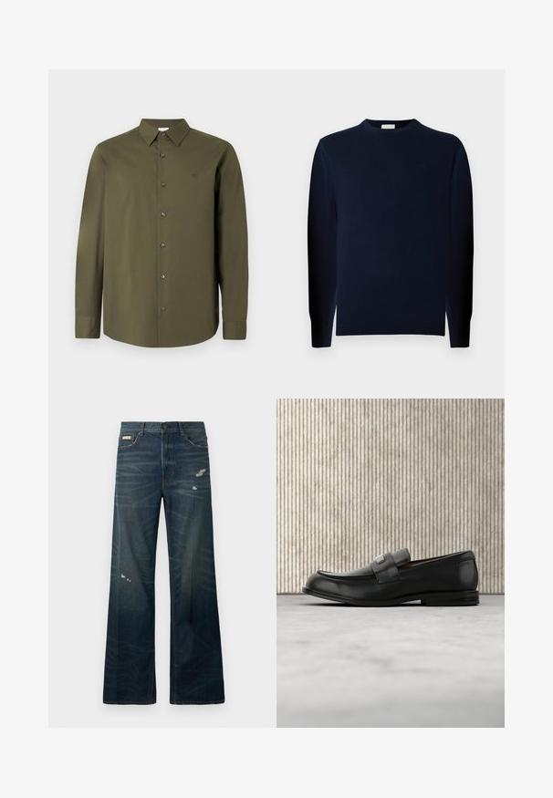 Jeune homme aux cheveux bouclés portant un pull à manches longues sombre et un pantalon foncé, debout devant un fond gris uni.; Chemise à manches longues vert olive foncé avec col pointu, boutons noirs et un logo discret sur la poitrine. Texture de tissu lisse et unie.; Jeans en denim foncé à jambes larges, avec des zones de décoloration légère et de distorsion. Comprend une fermeture à bouton et un design classique à cinq poches.; Mocassin en cuir noir avec une plaque de marque en métal reposant près d'une table ronde marron sur un sol recouvert de moquette beige.