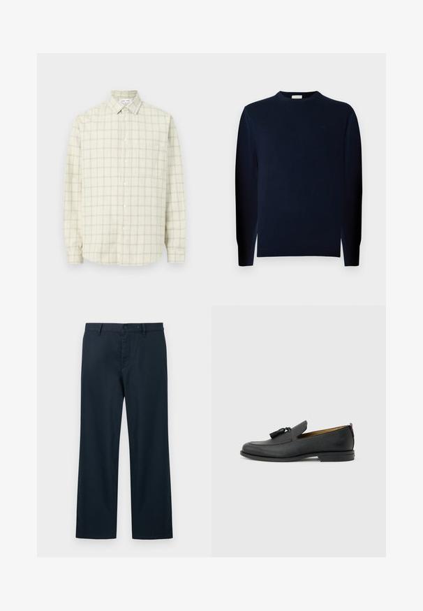 Pull-over en laine bleu marine à manches longues, fabriqué dans un tissu doux et lisse, avec un col rond et des poignets ajustés. Design minimaliste, sans motifs.; Chemise beige à boutons, manches longues avec un motif à carreaux subtil, dotée d'un col pointu et d'une poche poitrine unique sur un fond uni.; Pantalon bleu marine à jambe droite avec passants de ceinture, fermeture par bouton et fermeture éclair avant sur un fond clair.; Mocassin pour homme en cuir noir avec pompons, bout arrondi, petit talon et languette à l'arrière, présenté de profil sur un fond gris clair.