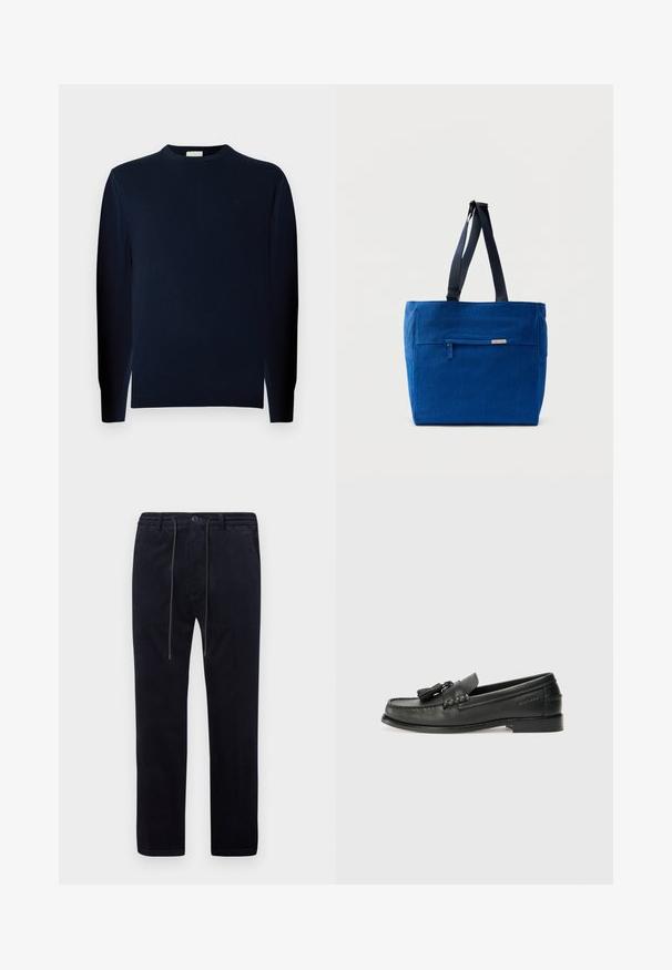 Joven con cabello rizado que lleva un jersey oscuro de manga larga y pantalones oscuros, está de pie frente a un fondo gris liso.; Pantalones de pana azul marino con una superficie texturizada, piernas rectas, cintura elástica, cordón ajustable y bolsillos frontales.; Mocasines de cuero negro con punta redondeada, borlas decorativas y un diseño cosido. Suela plana con una sutil marca en el lateral.; Bolsa de lona azul con un bolsillo frontal con cremallera, correas dobles para el hombro y forma rectangular. Cuenta con una etiqueta de marca sutil.