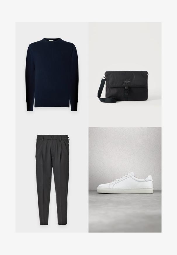 Navyblauwe trui met lange mouwen, gemaakt van zachte, gladde stof, met een ronde halslijn en aansluitende manchetten. Minimalistisch ontwerp, zonder patronen.; Zwarte broek van gladde stof, met een geplooide voorkant, elastische tailleband en rechte pijpen met een taps toelopende onderkant.; Witte sneaker met een gladlederen bovenwerk en een laag profiel. Voorzien van een ronde neus, zes vetergaatjes en een gestructureerde rubberen zool.; Zwarte Calvin Klein messenger bag met verstelbare schouderriem en klep aan de voorkant die met een gesp is vastgemaakt, afgebeeld tegen een effen achtergrond.