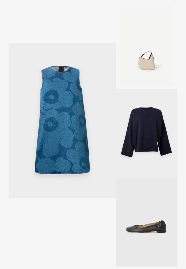 Sweat-shirt noir à manches longues avec col rond, coupe ample et larges poignets, présenté sur fond blanc uni.; Robe en denim sans manches avec un motif floral dans des nuances variées de bleu. Présente un col rond et une coupe droite.; Ballerines en cuir noir avec un bout arrondi et des coutures minimales. Talon bas et rectangulaire avec une texture lisse. Détails subtils de doublure intérieure.; Sac à main en cuir beige en forme de croissant avec une seule bandoulière et des coutures minimalistes, posé sur un fond blanc uni.