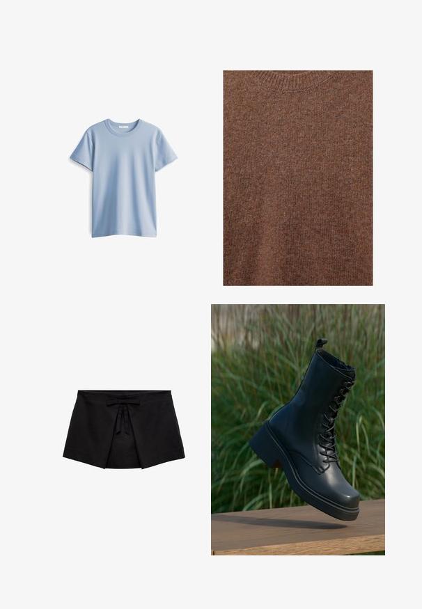 Bruine gebreide wollen trui met geribde ronde hals en zachte, getextureerde stof.; Lichtblauwe katoenen t-shirt met een ronde hals en korte mouwen. Glad textuur en rechte zoom, eenvoudig en klassiek ontwerp.; Zwarte wikkelstijl minirok met voorplooidetail en een kleine strik bij de tailleband.; Zwarte leren enkelboots met een ronde neus, vetersluiting aan de voorkant en een dikke, robuuste hak. Kenmerkt gedetailleerde stiksels en een gladde oppervlakte structuur.