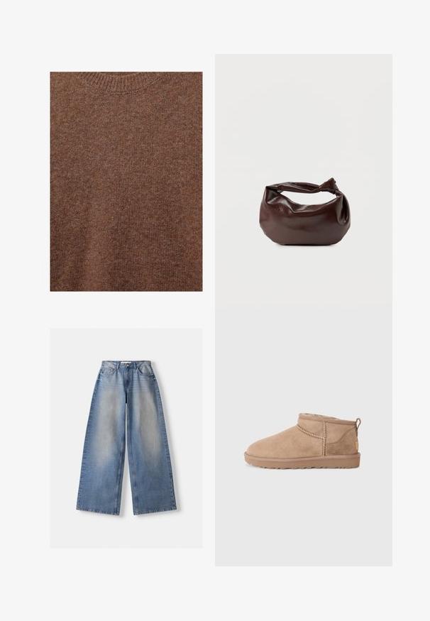 Brun strikket uldtrøje med ribstrikket rund halsudskæring og blødt tekstureret stof.; Bredde ben blå denim jeans med høj talje og falmede detaljer, lagt fladt på hvid baggrund.; Brune ruskinds ankler støvler med blød indvendig foring, quiltede detaljer og en struktureret gummisål for godt greb. Sløjfe bagpå for nem påtagning.; Mørkebrun læder skuldertaske med en blød, afslappet form og et snoet knudehåndtag på en ensartet hvid baggrund.
