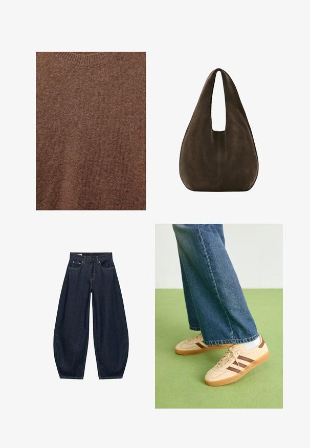 Brun strikket uldtrøje med ribstrikket rund halsudskæring og blødt tekstureret stof.; Mørkeblå vidde jeans med frontlommer, bæltestropper og knaplukning i taljen.; Beige sneakers med teksturerede cremefarvede paneler og brune striber, parret med blå denim jeans. Jeansene har brede ben og en frynset kant.; Blød, mørkebrun ruskind hobo-taske med en bred enkelt strop og rundet bund på hvid baggrund.