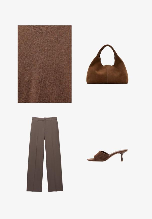 Pull marron en laine tricotée avec encolure ras du cou côtelée et tissu à texture douce.; Pantalons taillés marron avec passants de ceinture, fermeture à bouton et détails de plis avant sur un fond blanc.; Mule en daim marron à bout ouvert, talon en bois incurvé de hauteur moyenne et design à enfiler sur fond blanc.; Sac hobo en daim marron avec une anse large et arrondie et une forme souple et décontractée sur un fond blanc.