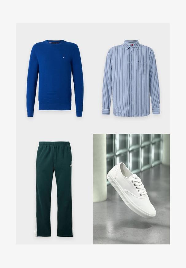 Blauw gebreid sweater, ronde hals, lange mouwen, gestructureerd patroon, ribgebreide boorden en zoom, kleine logo-accent op de borst, gemaakt van zachte stof.; Lichtblauw overhemd met lange mouwen, voorzien van verticale witte en donkerblauwe strepen, met een button-down kraag, borstzak en knopen aan de voorkant.; Donkergroene joggingbroek met elastische tailleband en witte strepen die langs de buitenzijden van de benen lopen.; Witte lage canvas sneaker met veters, met label Tommy Hilfiger, getoond zwevend boven een gladde grijze vloer nabij een muur van glasblokken.