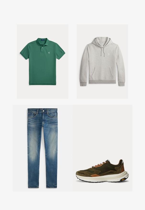 Lysegrå hættetrøje med lange ærmer, snørejusteret hætte, kængurulomme, ribkantede manchetter og kant samt lille hvid Polo-logo på brystet.; Grøn poloshirt lavet af bomuld, med en klassisk krave, to knapper, korte ærmer og et lille hvidt logo på venstre side af brystet.; Blå falmede smalle jeans med knappelukning og lynlås, forlommer og lille møntlomme, vist fladt på hvid baggrund.; Lavprofileret olivengrøn og brun atletiksneaker med hvide snørebånd og en tyk hvid Vibram-sål, vist fra siden på en hvid baggrund.