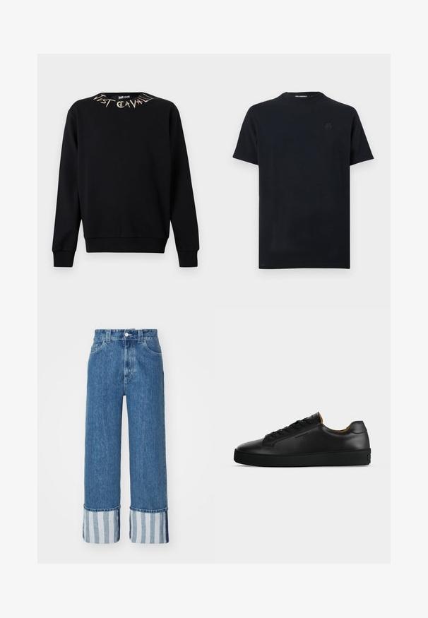 Sort langærmet sweatshirt med ribstrikkede manchetter og kant, med "Just Cavalli" stiliseret tekst rundt om halsudskæringen.; Sort T-shirt med korte ærmer og rund hals, med subtilt præget logo på brystet og teksten "KARL LAGERFELD" indeni kraven.; Bredde denimbukser i mellemblå med en manchet i blå og hvide lodrette striber. Klassisk fem-lomme-design med knaplukning.; Sort lavtopet læder-sneaker med sorte snørebånd, tekstureret gummisål og lille præget logo på siden, vist i profil mod grå baggrund.