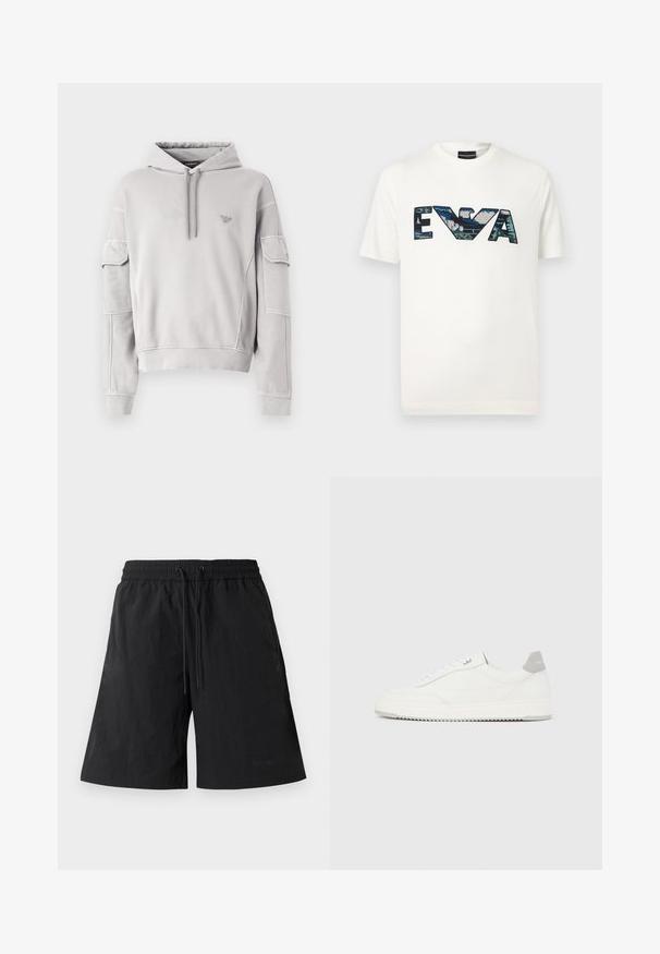 Lichtgrijze hoodie met frontale trekkoorden, ribgebreide manchetten en twee klepzakken op de bovenarmen, voorzien van een klein logo op de borst.; Witte T-shirt met korte mouwen en grote blauwgroene paillettenletters "EVA" en een gestileerd adelaarlogo in het midden.; Zwarte shorts van lichtgewicht stof met een gestructureerd oppervlak, voorzien van een elastische tailleband en trektouwtjes voor een verstelbare pasvorm.; Witte lage sneaker met grijze hielpatch, witte veters en een gestructureerde zool, gepresenteerd op een effen lichte achtergrond.
