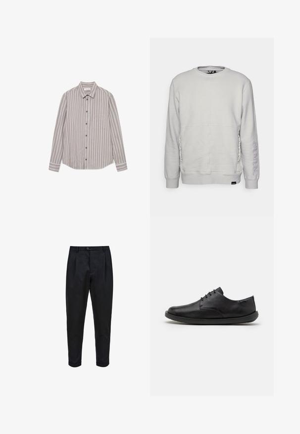 Nemen Sweatshirt - ultra light grey; Stribet langærmet skjorte i beige og grå nuancer, lavet af et tekstureret stof. Har en klassisk krave, knaplukning foran og en brystlomme.; Sorte bukser lavet af et glat stof, med plisseret for, tætsiddende pasform og optrukne mansjetter. Enkel knaplukning i taljen.; Sorte læder sko med en glat overflade, rund tå og minimal snøring. Har en flad gummisål og diskret branding på siden.