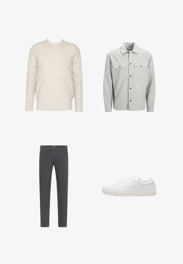 Suéter color beige claro, de cuello redondo, con mangas largas, hecho de lana suave, presenta puños y dobladillo acanalados, textura suave con un patrón sutil.; Camisa de franela gris con cierre de botones en la parte delantera, dos bolsillos en el pecho y un cuello clásico. Presenta un dobladillo recto y mangas largas.; Pantalones grises de corte ajustado, elaborados en suave algodón. Presentan un cierre con botón, presillas para cinturón y un diseño limpio y aerodinámico. Sin patrones visibles.; Zapatilla de cuero blanco con textura suave, puntera redonda, cierre de cordones y suela de goma plana. Diseño minimalista sin patrones visibles.